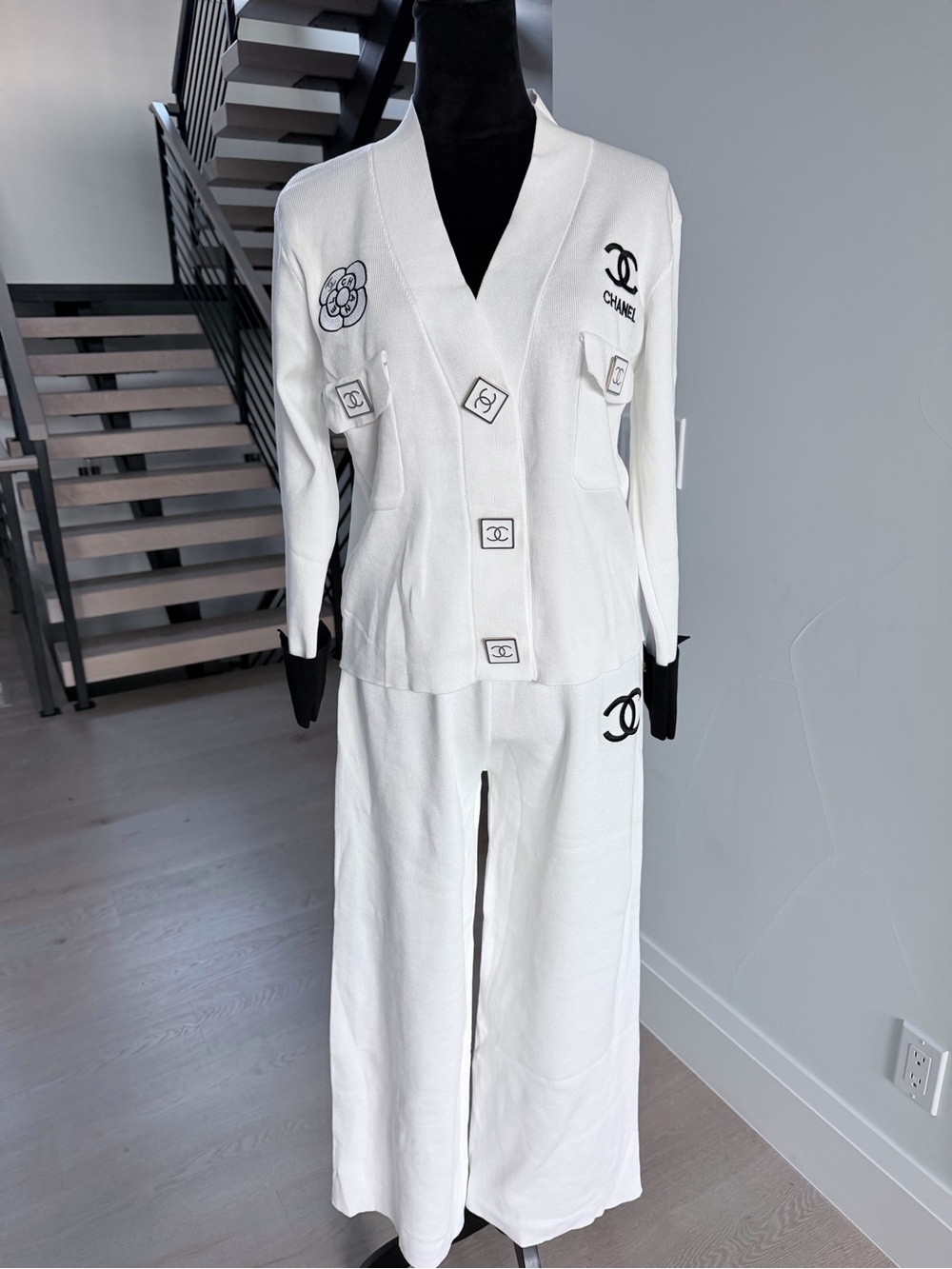 Chanel White Knit Jacket & Wide-Leg Pant Set size S